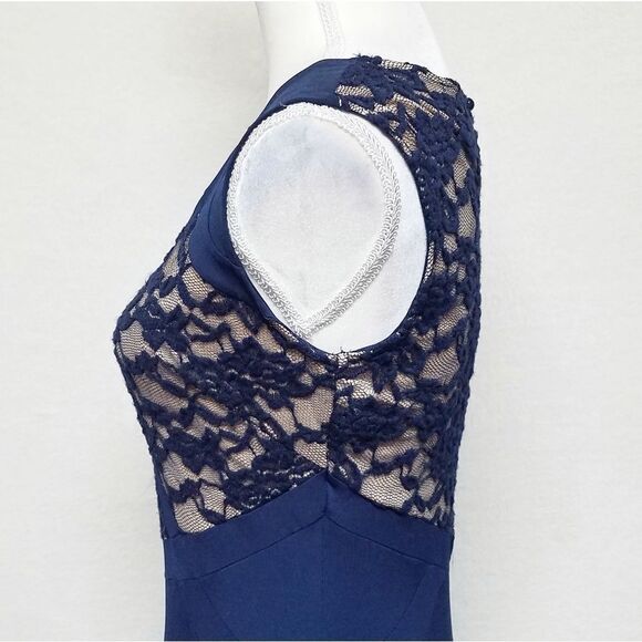 VINTAGE Candalate Navy Blue Lace Contrast Nude Sleeveless Fit & Flare Dress S - Picture 6 of 9